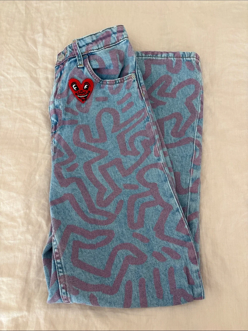 H&M Keith Haring High Waist Wide Leg Jeans 14 Like New